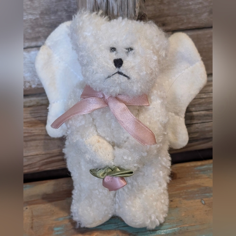 Boyds Bears The Ornament Collection White Plush Angel Bear With Pink Ribbon/Rose - Picture 1 of 9